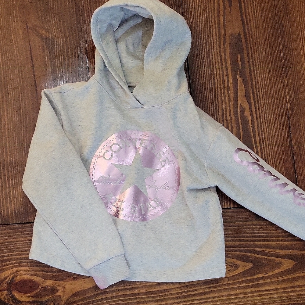 Converse Chuck Taylor Kids 10-12 Gray Hoodie Sweatshirt,  Shimmering Pink Logo